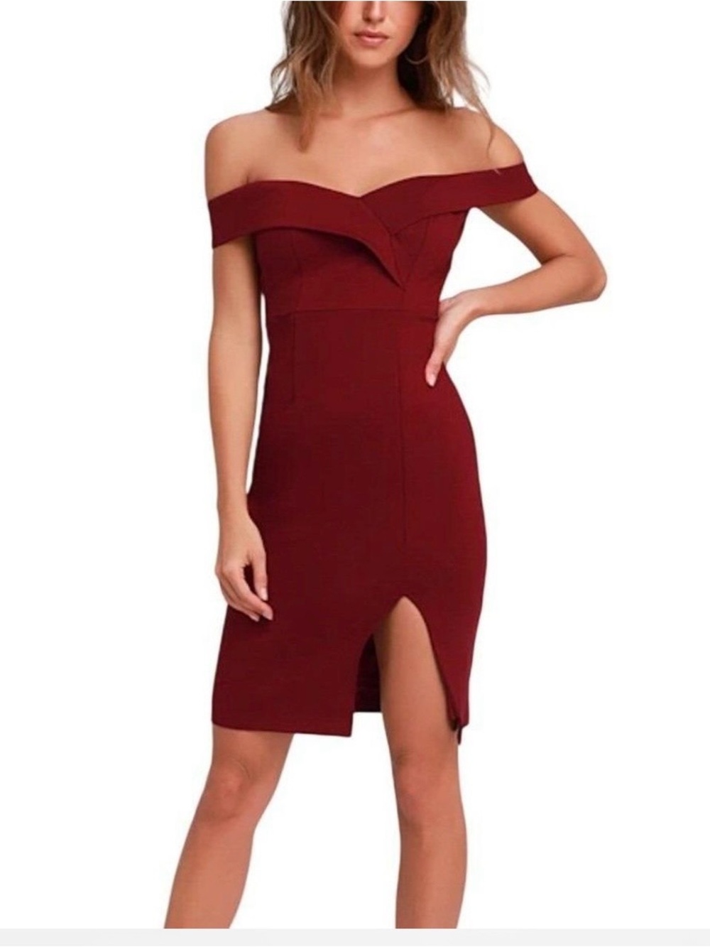Lulu's Classic Glam Off-the-Shoulder Bodycon Slit Dress. Wine. Size Small - Picture 2 of 10